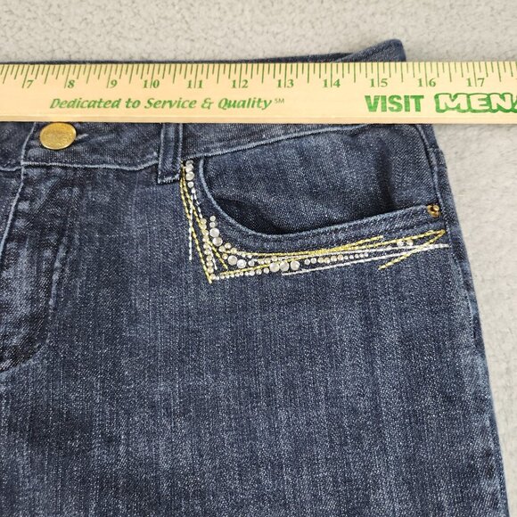 Y2K Flare Leg Jeans Women's 14 Curvy Embroidered Rhinestones Dark Wash Pants - Picture 3 of 12